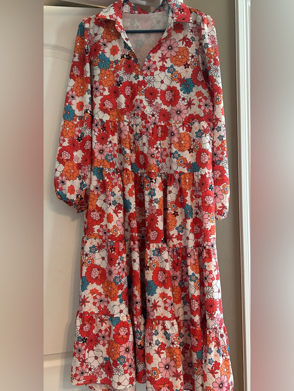 Girls Floral Tiered Long Sleeve Dress - Red Pink Orange